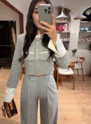 Luna Gold Düğme Detaylı Crop Takım - Een Moda